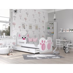 Kinderbett KATZE ROSA 80x180 cm Weiß Mädchenbett inkl. Schublade und Matratze (Katze Pink)